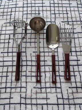 50s 60s Stanhome Vintage Stainless Steel Kitchen Utensil Set with Brown Handles